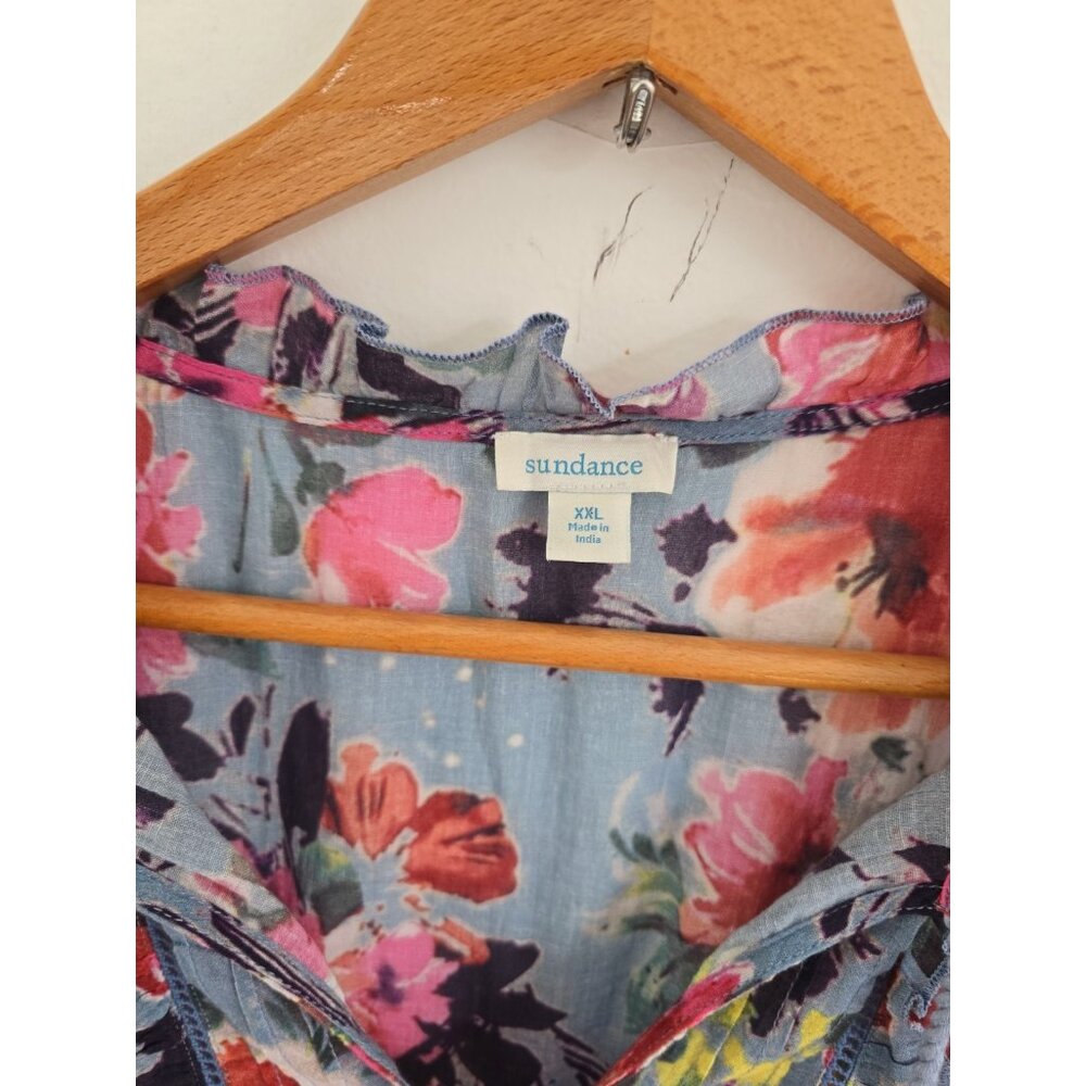 Sundance Annabelle Floral Blue Pink Cotton Dress XXL Short Sleeves Tassle Ruffle - Picture 5 of 11